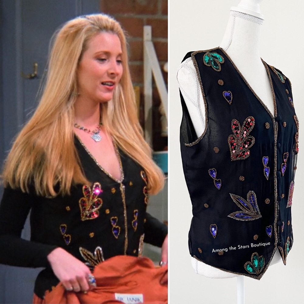 Rare 90s Vintage Embellished Sequin & Beaded Silk Vest ASO Phoebe in Friends - Picture 6 of 14